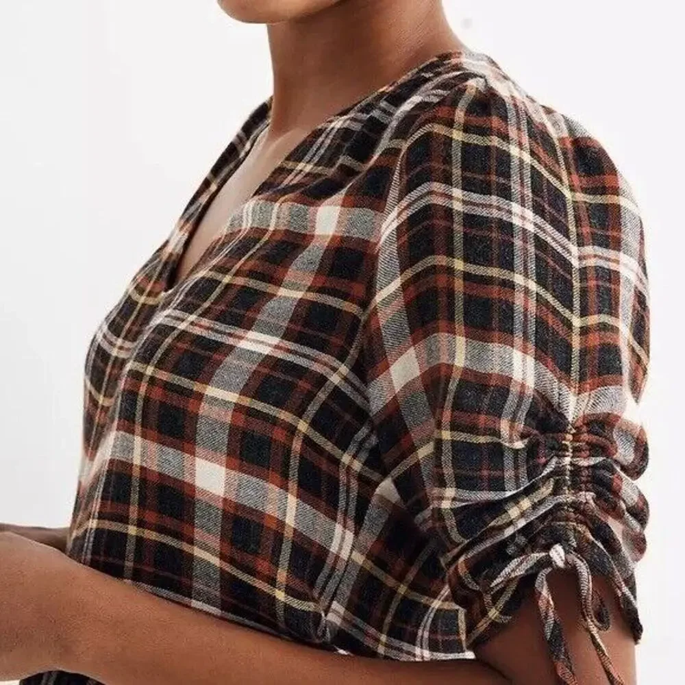 NEW Madewell Plaid Puffed Cinch Sleeve Top V Neck Blouse Womens Small